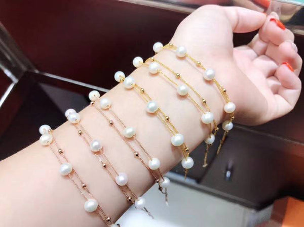 Genuine 18K gold solid beaded bracelet, Au750 stamped , 75% gold chain, natural fresh water pearl, 18K gold beaded bracelet, rose gold