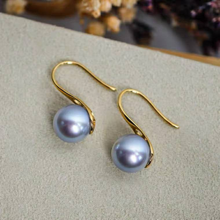 Genuine 18K gold solid dangle earring,  Au750 gold, 75% of gold earring hooks, dangle, Japanese Akoya blue pearls 8-9MM mirror luster