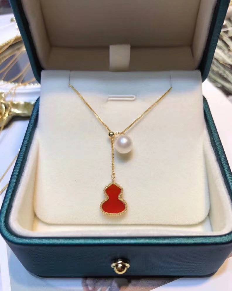 Genuine 18K rose gold solid agate gourd pendant, Au750 stamped gold Spiga / Wheat chain, white pearl