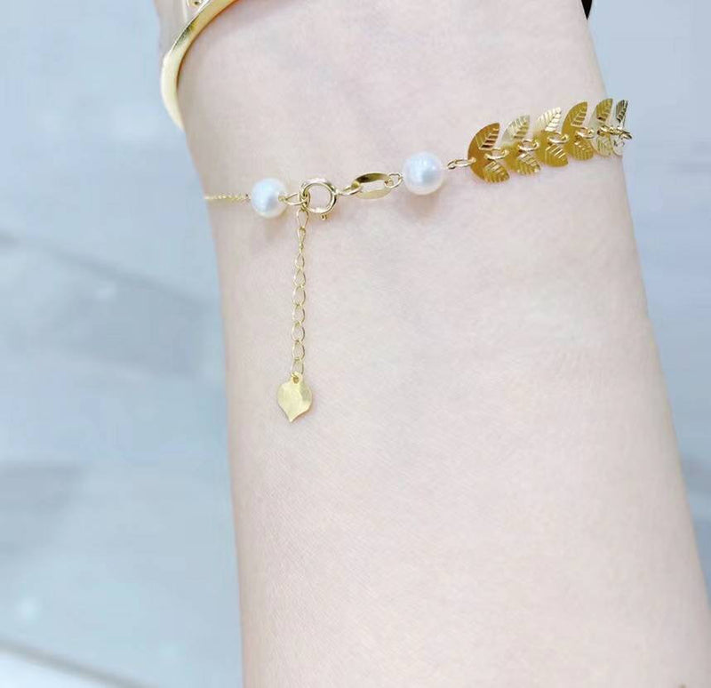 Genuine 18K gold solid bracelet, Au750 stamped , 75% gold chain, natural fresh water pearl, 18K gold beaded bracelet, ear of wheat bracelet