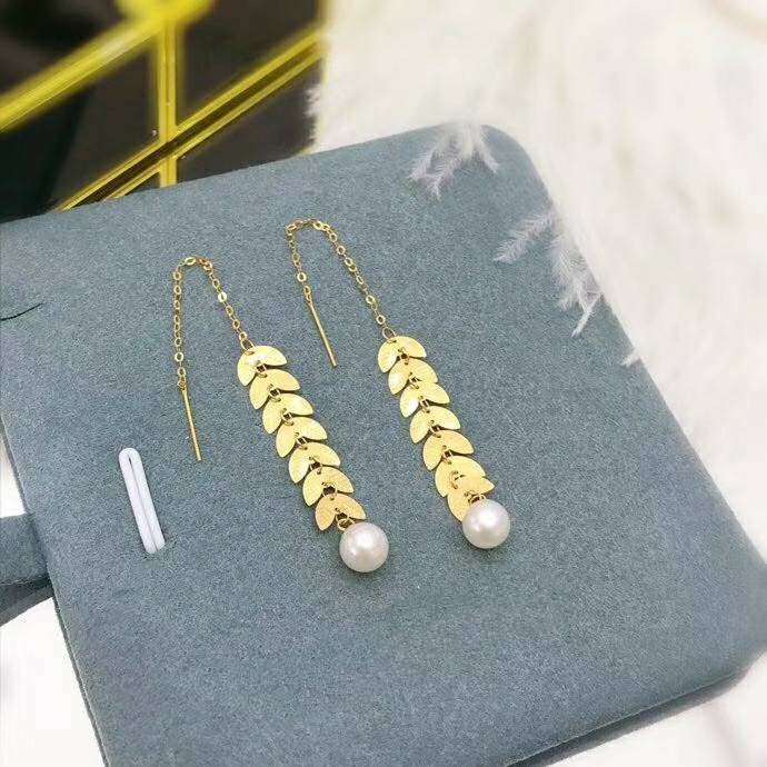 Genuine 18K gold solid earrings, Au750 stamped gold, 75% of gold dangle earrings, chandelier threader, natural white pearl, gold wheat