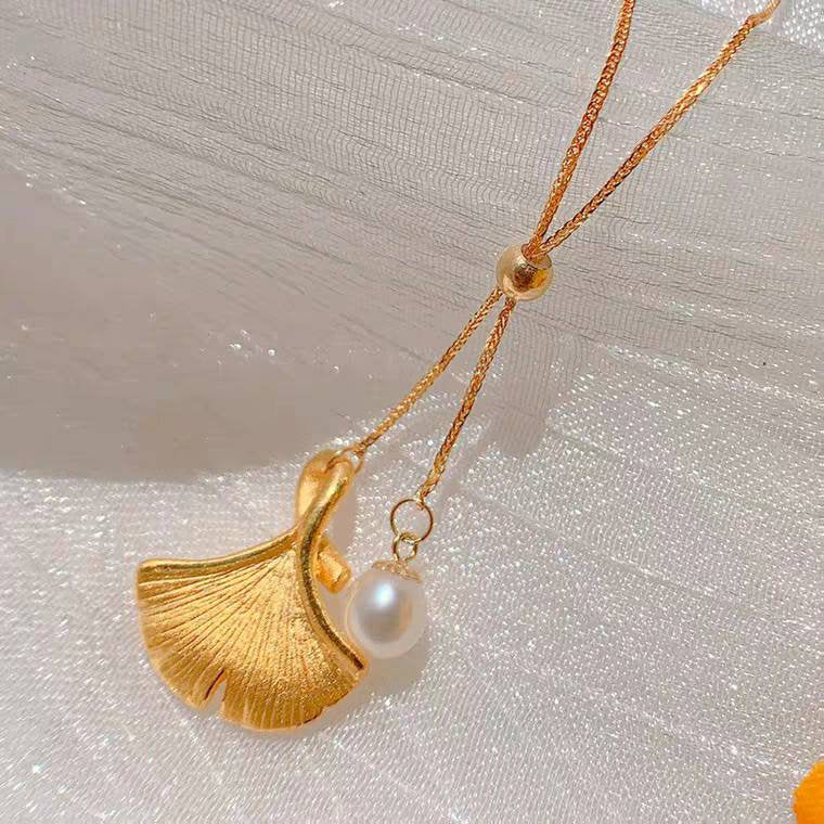 Genuine 18K gold solid chain, Au750 stamped gold, 24K gold Au999 leaf  pendant charm, white pearl pendant