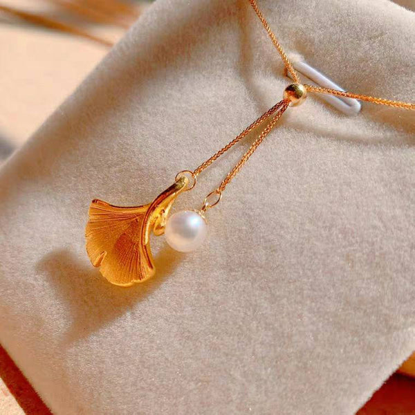 Genuine 18K gold solid chain, Au750 stamped gold, 24K gold Au999 leaf  pendant charm, white pearl pendant