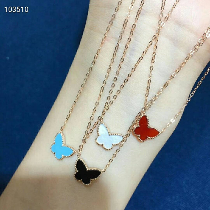 Genuine 18K gold solid fine chain, stamped Au750, 75% of gold, 18K gold pendant set with red butterfly, choker, jade, agate, mother of pearl