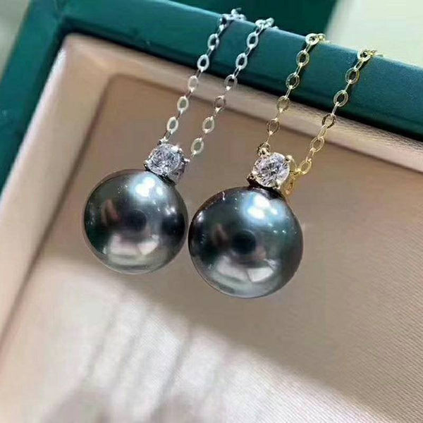 18K gold solid necklace set, Au750, 18K gold zircon pendant, natural Tahitian black green Pearl pendant, charm 9-10MM pearl, 18K white gold