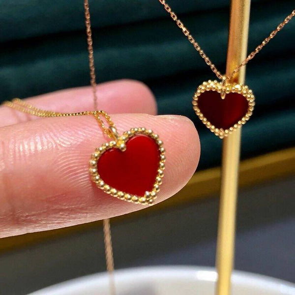 Genuine 18K gold solid fine chain, stamped Au750, 75% of gold, 18K gold pendant with red jade heart, choker Design jewelry necklace set