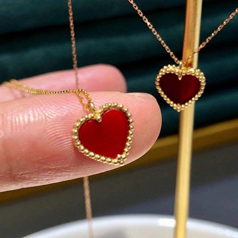 Genuine 18K gold solid fine chain, stamped Au750, 75% of gold, 18K gold  pendant with red jade heart, choker Design jewelry necklace set