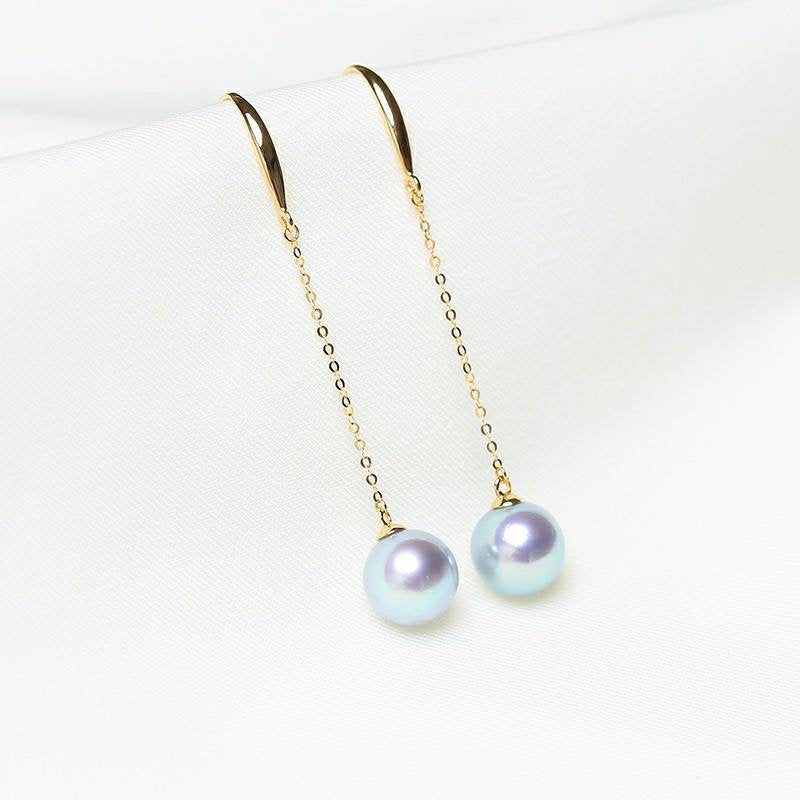 Genuine 18K gold solid pearl chandelier earrings, Au750 stamped gold, 75% of gold dangle earrings, chandelier threader , Akoya blue pearl