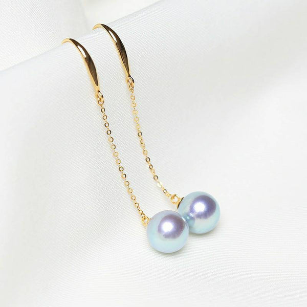 Genuine 18K gold solid pearl chandelier earrings, Au750 stamped gold, 75% of gold dangle earrings, chandelier threader , Akoya blue pearl