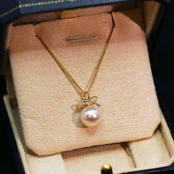 Genuine 18K gold solid zircon pendant, Au750 real gold, 75% of gold, Japanese Akoya white  natural pearl,18K gold solid Spiga / Wheat chain