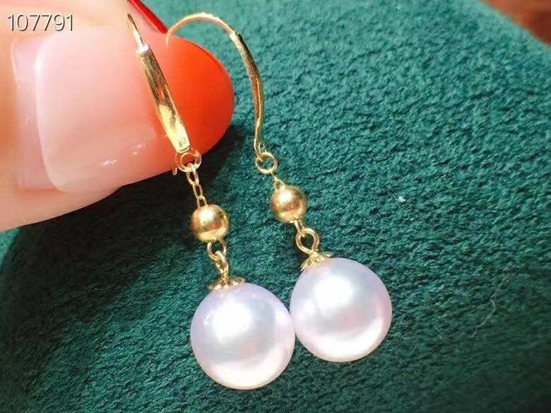 Akoya Pearl Dangle Earrings hooks,  Round AAAA Akoya Pearls 8-9mm, Natural White Color, Pink Luster, 18kt gold solid Au750, 75% of gold