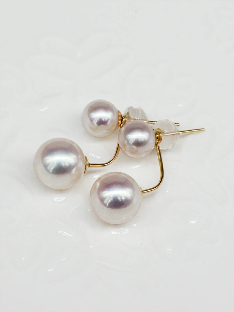 Genuine 18K gold solid dangle double pearl earring studs Au750 with fresh water white  pearls, round pink luster, 75% of gold
