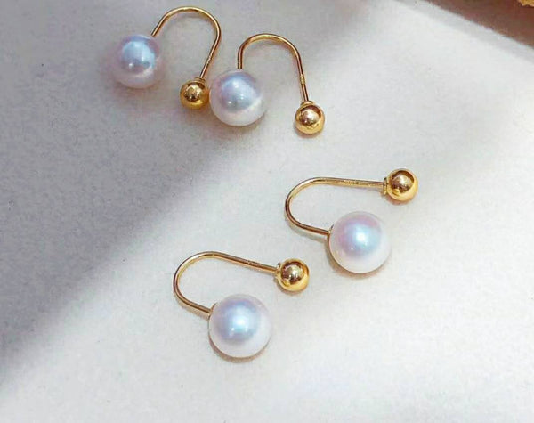 Genuine 18K gold solid screw back earring, Au750 gold fresh water white  pearls with pink luster, 75% of gold beaded earrings, 18K rose gold