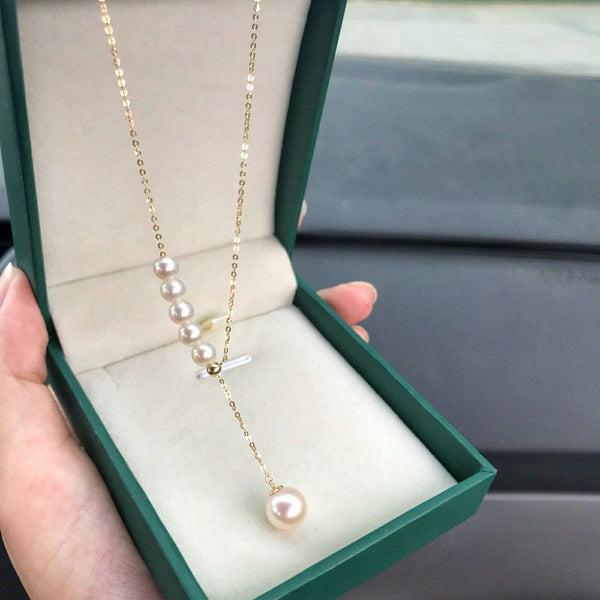 Necklace 18K gold solid AU750 gold stamped  fine dainty chain with akoya Japanese Pearls, adjustable chain, multi-use necklace