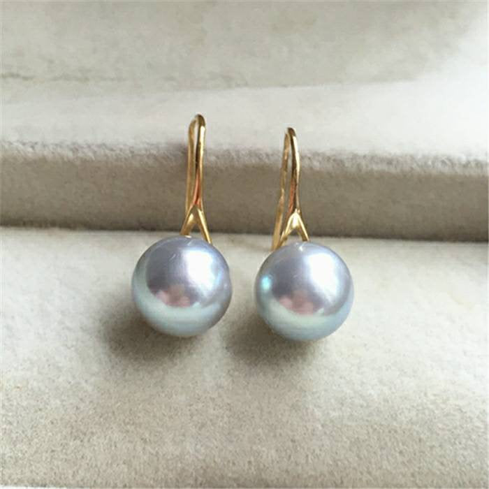 Genuine 18K gold solid dangle earring,  Au750 gold, 75% of gold earring hooks, dangle, Japanese Akoya blue pearls 8-9MM mirror luster