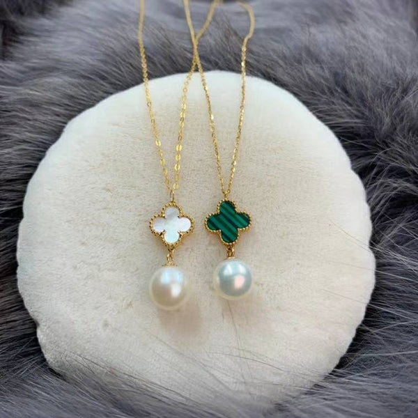 Genuine 18K gold solid fine chain, stamped Au750, 75% of gold, 18K gold clover pendant with jade, agate, jewelry necklace, pearl pendant