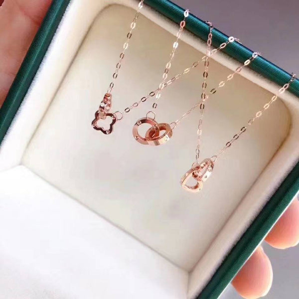 Genuine 18K rose gold solid double clover pendant necklace chain, Au750 real gold, 75% of gold, 18K gold solid dainty chain, heart pendant