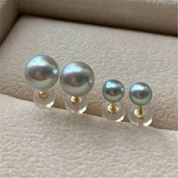 Genuine 18K  gold solid earring , Au750 gold solid , Japanese Natural Akoya Seawater  pearls,  akoya gray blue pearls, mirror surface