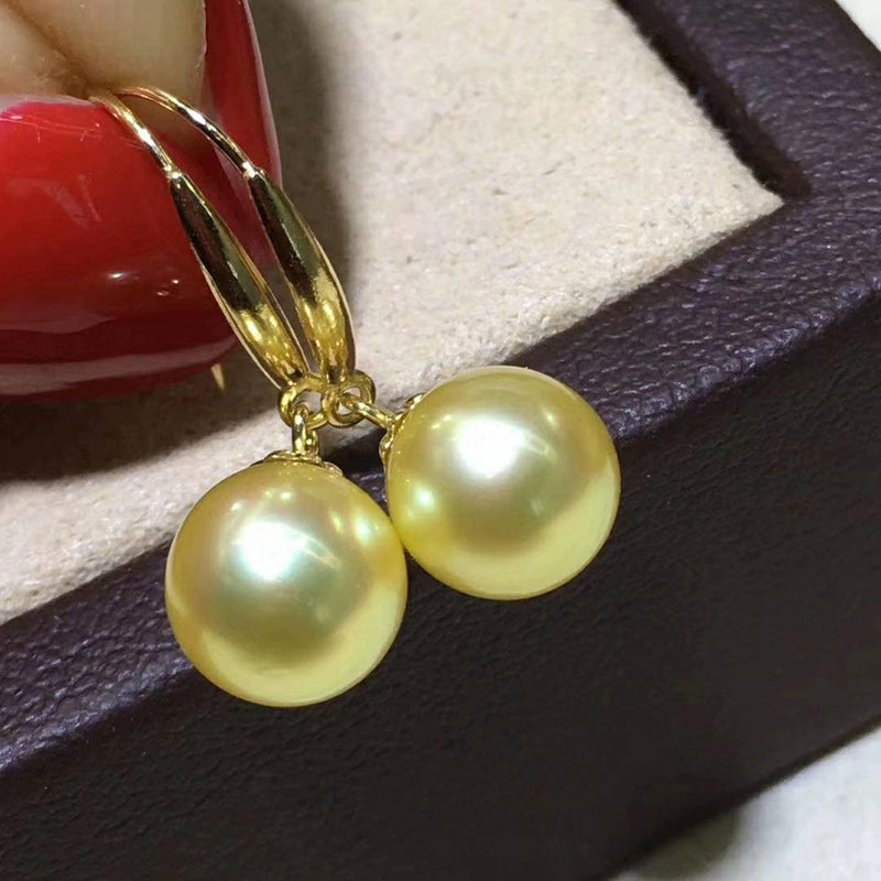 South sea Pearl 18K gold solid Dangle Earrings, Perfect Round AAAA Pearls 10-11mm, Natural golden pearls,18kt gold solid Au750, 75% of gold