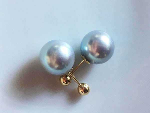 Genuine 18K gold solid Akoya pearl  Insert earrings, Au750 gold, 75% gold earring studs Japanese Akoya pearls gray pearl with blue luster