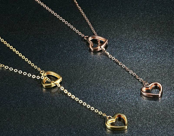 Genuine 18K rose gold solid double heart pendant necklace chain, Au750 real gold, 75% of gold, 18K gold solid dainty chain with heart charms