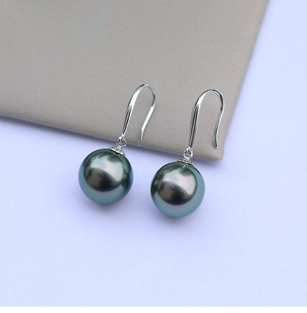 Genuine 18K gold solid earrings hooks, Au750 gold, natural Tahitian black green salt water pearls ,round, 18K white gold dangle earring