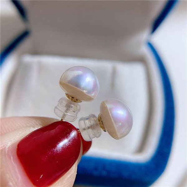 Genuine 18K gold solid earring studs, Au750 stamped, 75% of gold ear Edison fresh water Mabe pearl, oblate-shaped huge pearl, 10-11mm