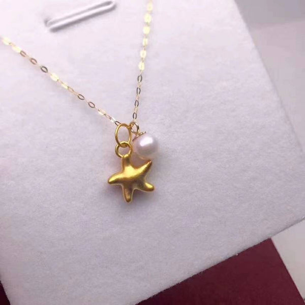 Genuine 24K gold solid starfish pendant, Mini, tiny size pendant Au999 gold, & 18K gold solid chain, AU750 stamped gold