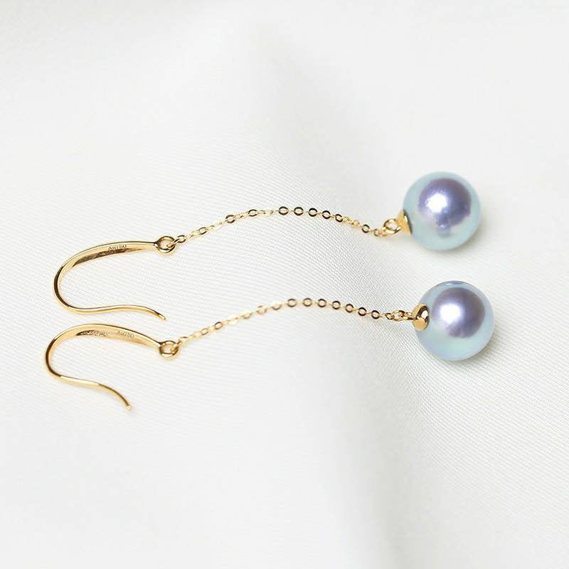Genuine 18K gold solid pearl chandelier earrings, Au750 stamped gold, 75% of gold dangle earrings, chandelier threader , Akoya blue pearl