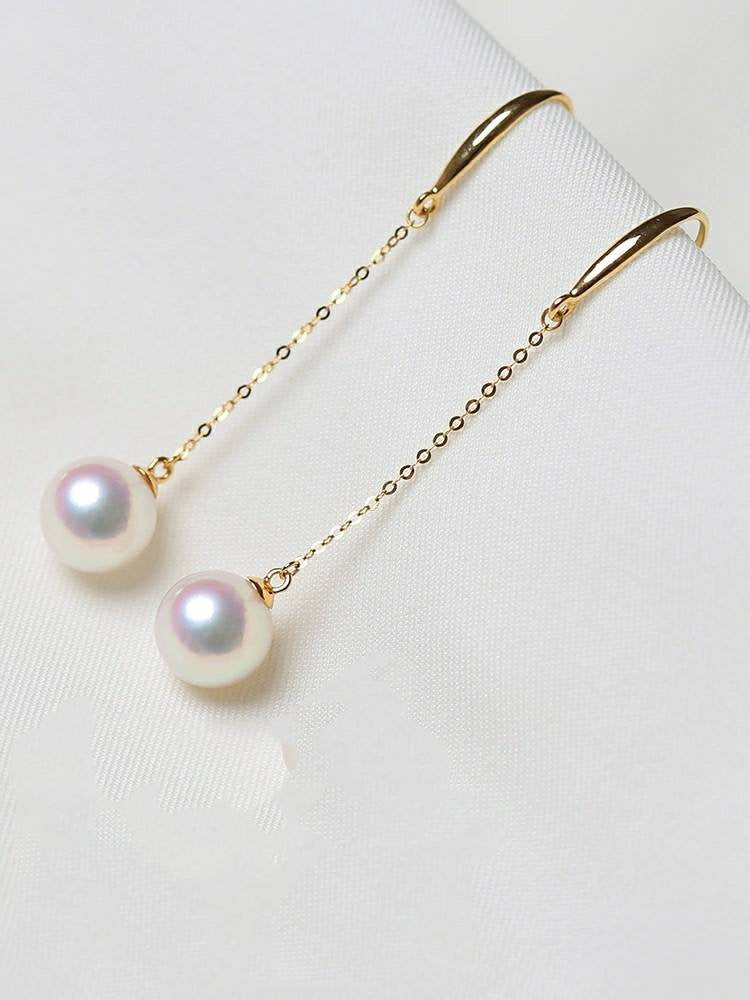 Genuine 18K gold solid pearl chandelier earrings, Au750 stamped gold, 75% of gold dangle earrings, chandelier threader, Akoya white pearl