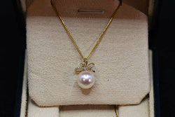 Genuine 18K gold solid zircon pendant, Au750 real gold, 75% of gold, Japanese Akoya white  natural pearl,18K gold solid Spiga / Wheat chain