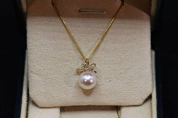 Genuine 18K gold solid zircon pendant, Au750 real gold, 75% of gold, Japanese Akoya white  natural pearl,18K gold solid Spiga / Wheat chain