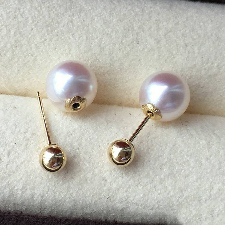 Genuine 18K gold solid Akoya white pearl Insert earrings, Au750 gold, 75% gold earring studs Japanese Akoya pearls with pink luster