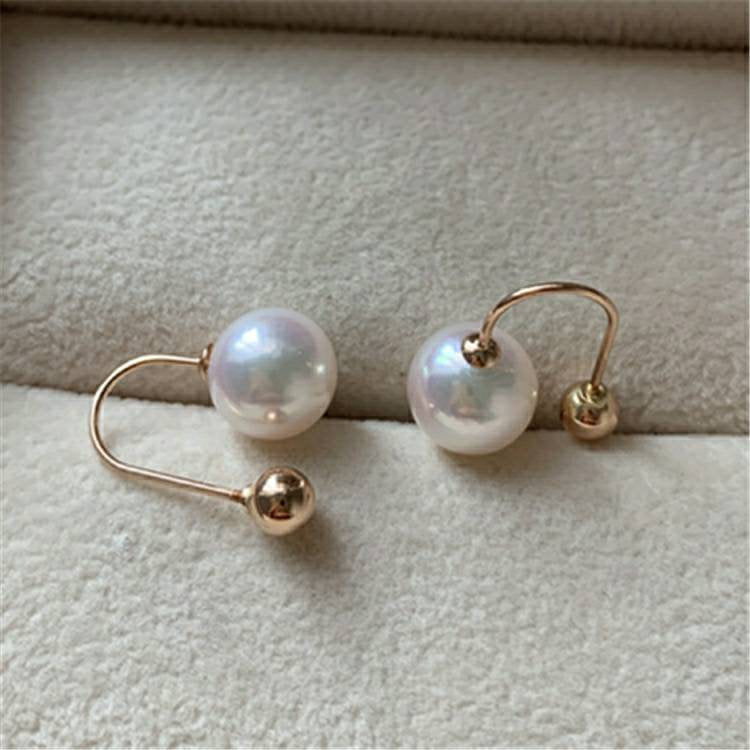 Genuine 18K gold solid Akoya pearl U-shaped earrings, Au750 gold , 75% gold  earring, Japanese Akoya pearls white pink luster 8-9MM,