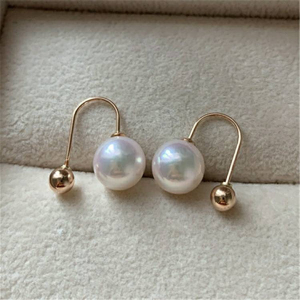 Genuine 18K gold solid Akoya pearl U-shaped earrings, Au750 gold , 75% gold  earring, Japanese Akoya pearls white pink luster 8-9MM,