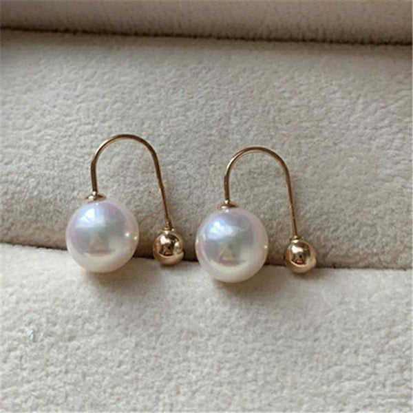 Genuine 18K gold solid Akoya pearl U-shaped earrings, Au750 gold , 75% gold  earring, Japanese Akoya pearls white pink luster 8-9MM,