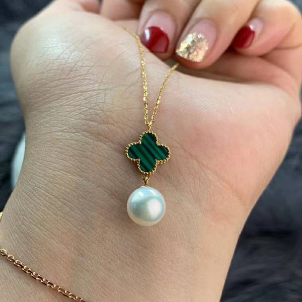 Genuine 18K gold solid fine chain, stamped Au750, 75% of gold, 18K gold clover pendant with jade, agate, jewelry necklace, pearl pendant