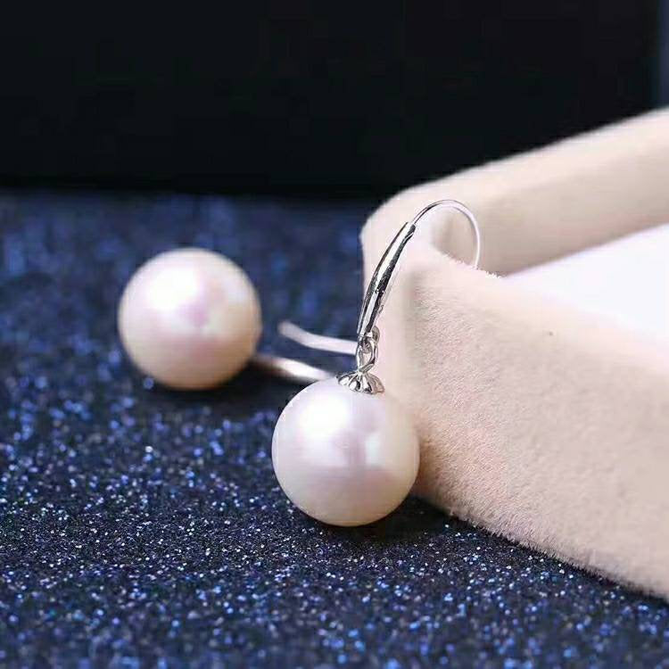 18K gold solid pearl earrings hooks, Au750 gold dangle , Round big Pearls Natural White Color 11-12MM pink Luster, 18kt Yellow or White Gold