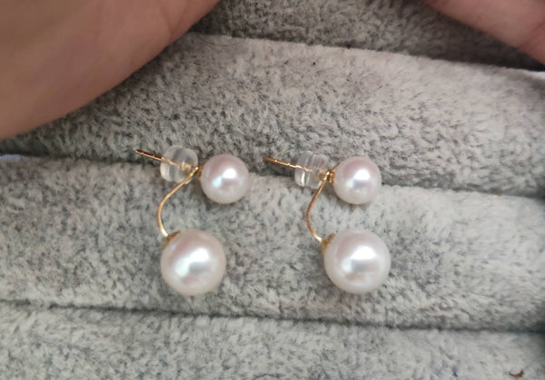 Genuine 18K gold solid dangle double pearl earring studs Au750 with fresh water white  pearls, round pink luster, 75% of gold