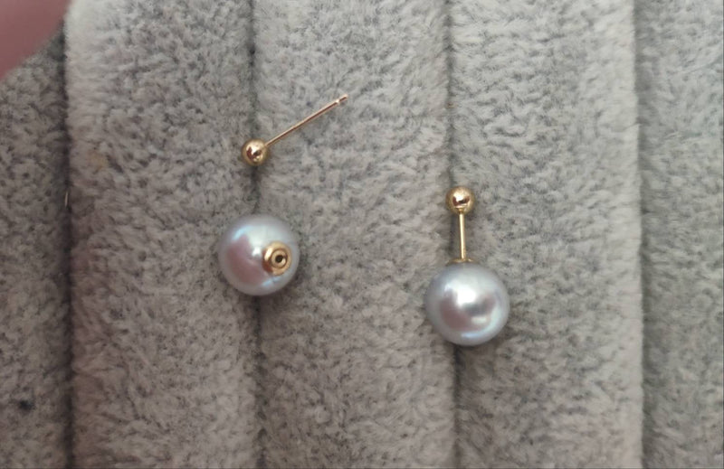 Genuine 18K gold solid Akoya pearl  Insert earrings, Au750 gold, 75% gold earring studs Japanese Akoya pearls gray pearl with blue luster