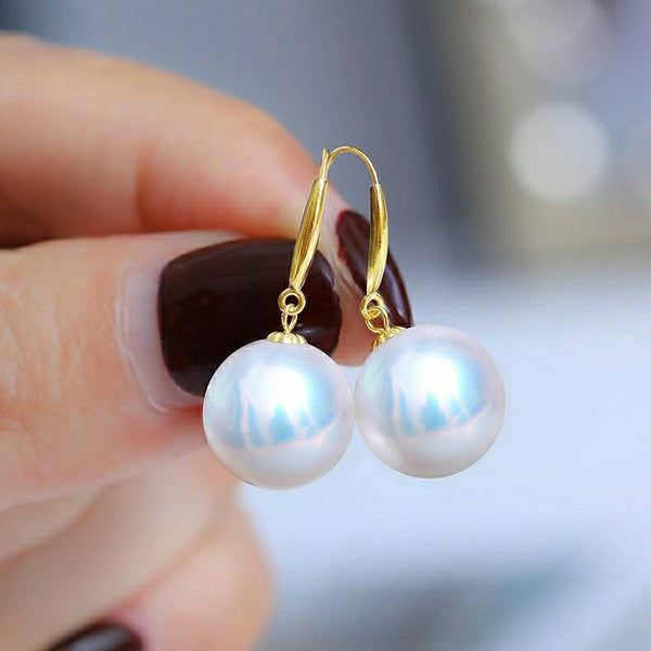 18K gold solid pearl earrings hooks, Au750 gold dangle, Round Natural White pearl 9-10MM cold White Luster, 18kt Yellow or White Gold