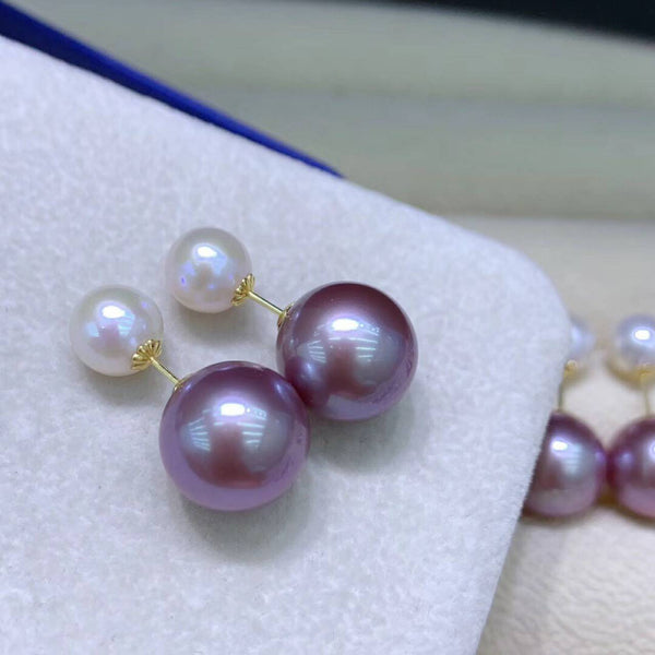 18K gold solid double-sided pearl earring studs, Au750 stamped gold, fresh water round white pearl earring, 9-10MM purple pearl earring