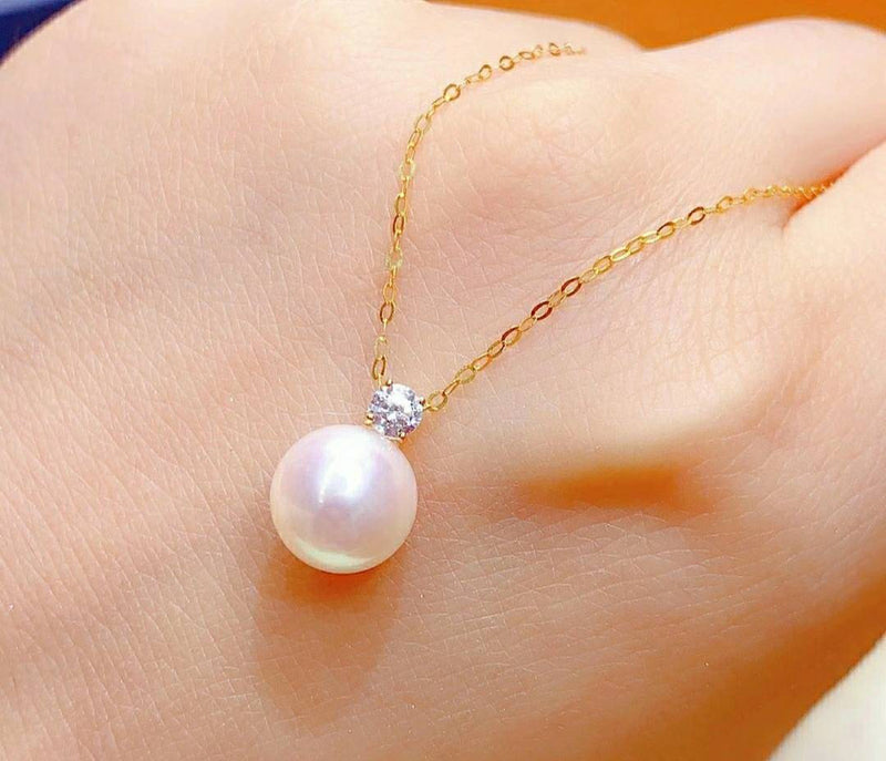 Necklace 18K gold solid fine chain, Au750 gold chain fresh water Edison natural white pearls zircon pendant pearls 11-12MM charms