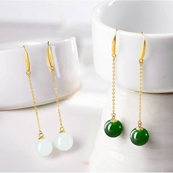 Genuine 18K gold solid Jade chandelier earrings, Au750 stamped gold, 75% of gold dangle earrings, chandelier threader, white Jade, green jade