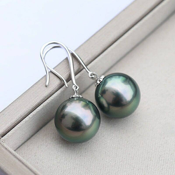 Genuine 18K gold solid earrings hooks, Au750 gold, natural Tahitian black green salt water pearls ,round, 18K white gold dangle earring