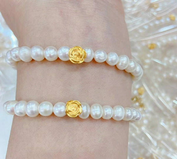 Natural fresh water pearl, white pearl bracelet, combined with 24K gold solid rose flower charm, Au999 gold elastic  bracelet