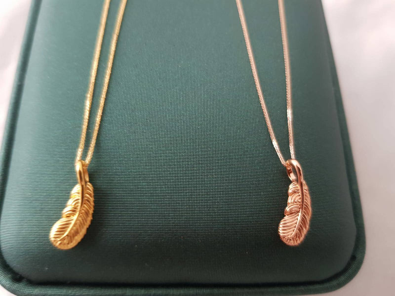 Genuine 18K gold solid feather Pendant charm +18K gold solid Au750 gold, 75% of gold Spiga chain necklace jewelry set, 18K rose gold