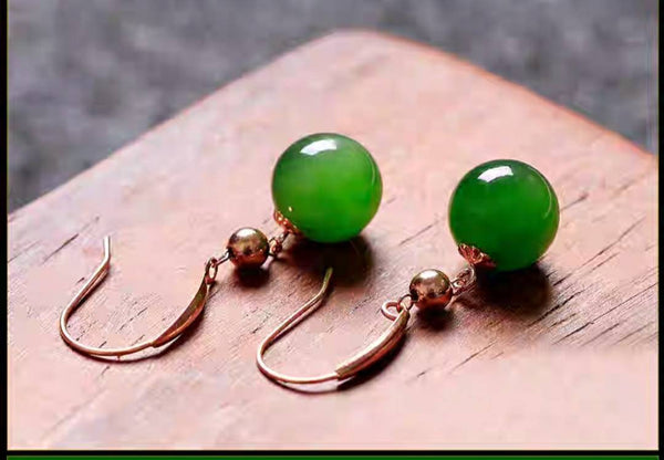 Genuine 18K gold solid earring green Jade beads, Au750 stamped gold, 75% of gold dangle earrings, earring hooks