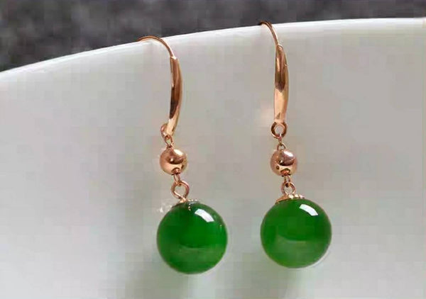 Genuine 18K gold solid earring green Jade beads, Au750 stamped gold, 75% of gold dangle earrings, earring hooks