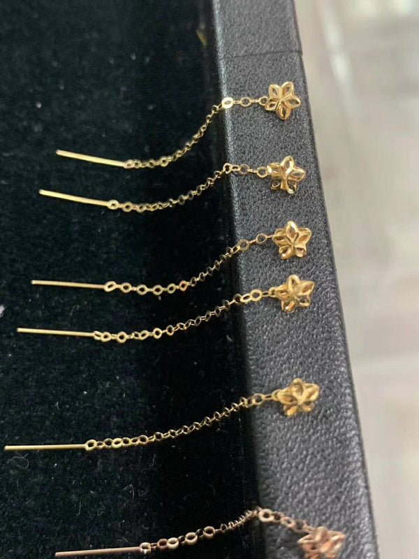 Genuine 18k gold solid long earrings, flower earring, Au750 gold solid ear wire, 18K rose gold, 18K yellow gold, gift for her